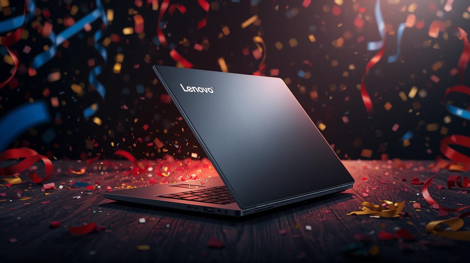 more styling Lenovo laptop image with back ground celebrating